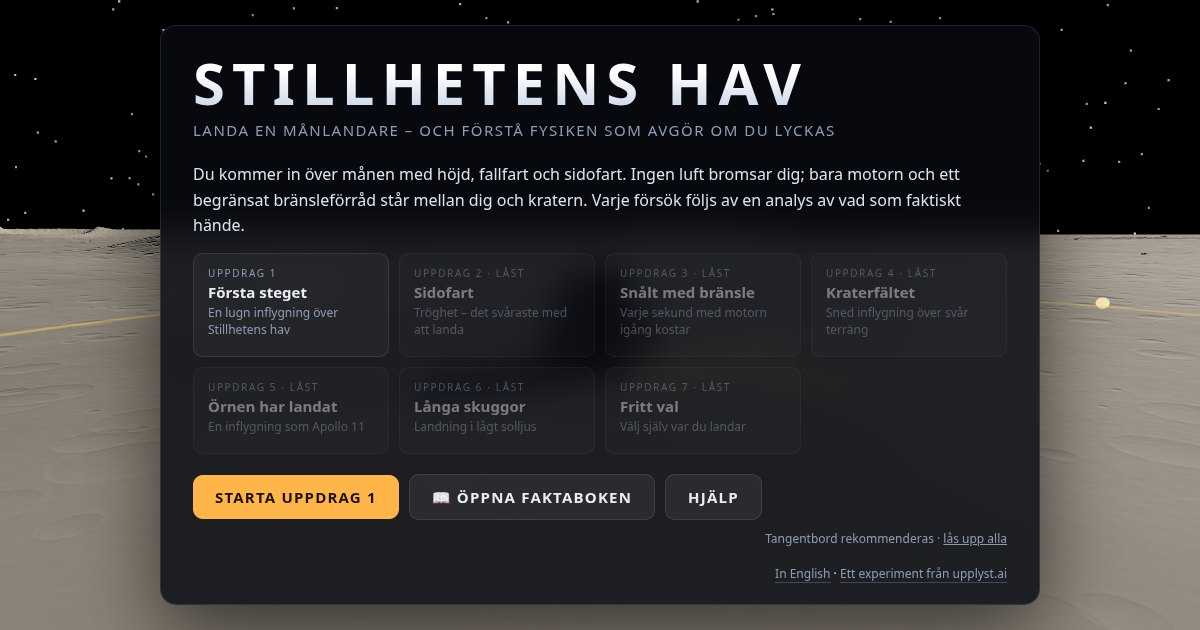 Spelets titelskärm med de sju uppdragen framför ett månlandskap.